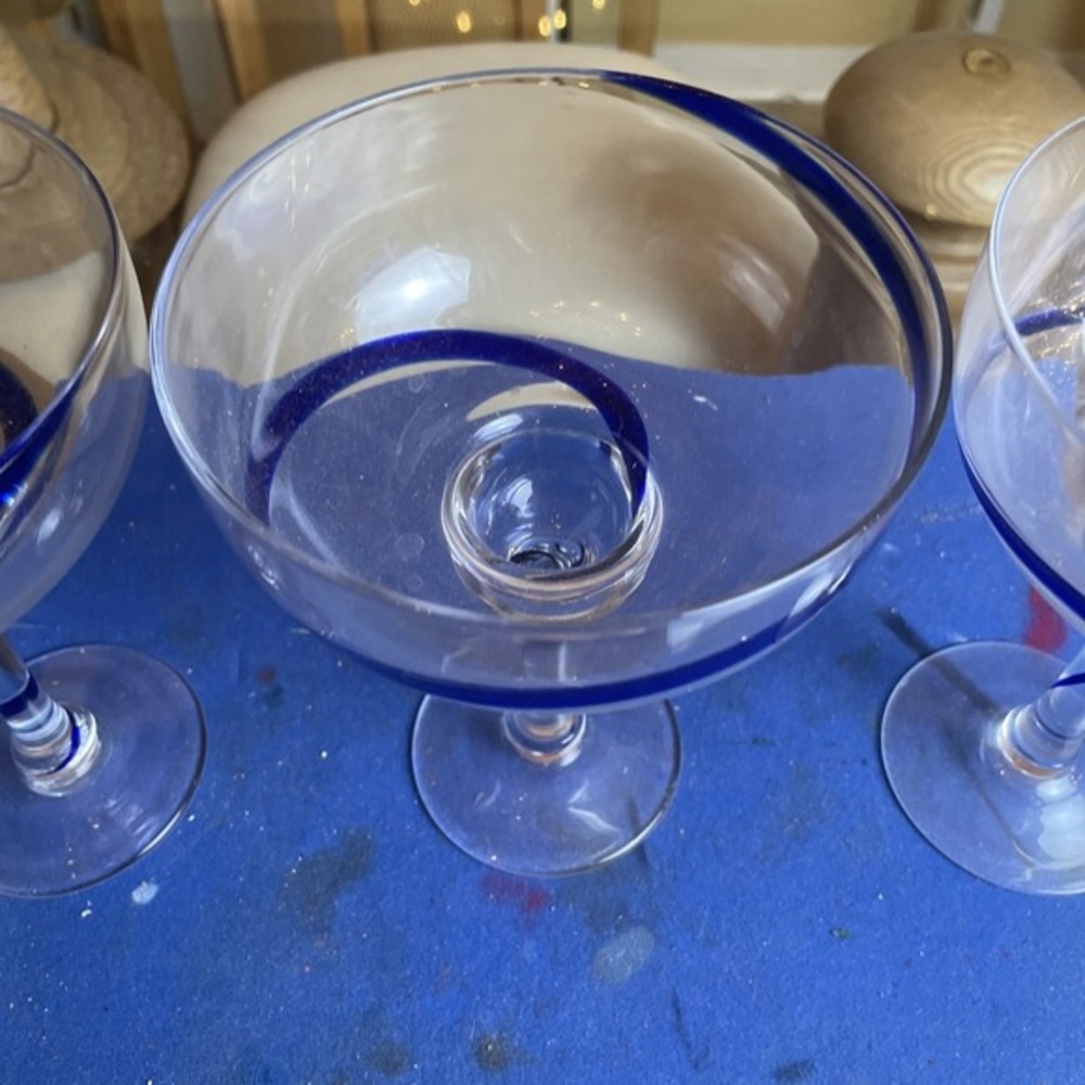 Lot of 3 Vintage Blue Swirl Clear Glass Cocktail‎ Sherbet Dessert Goblets - Picture 2 of 5